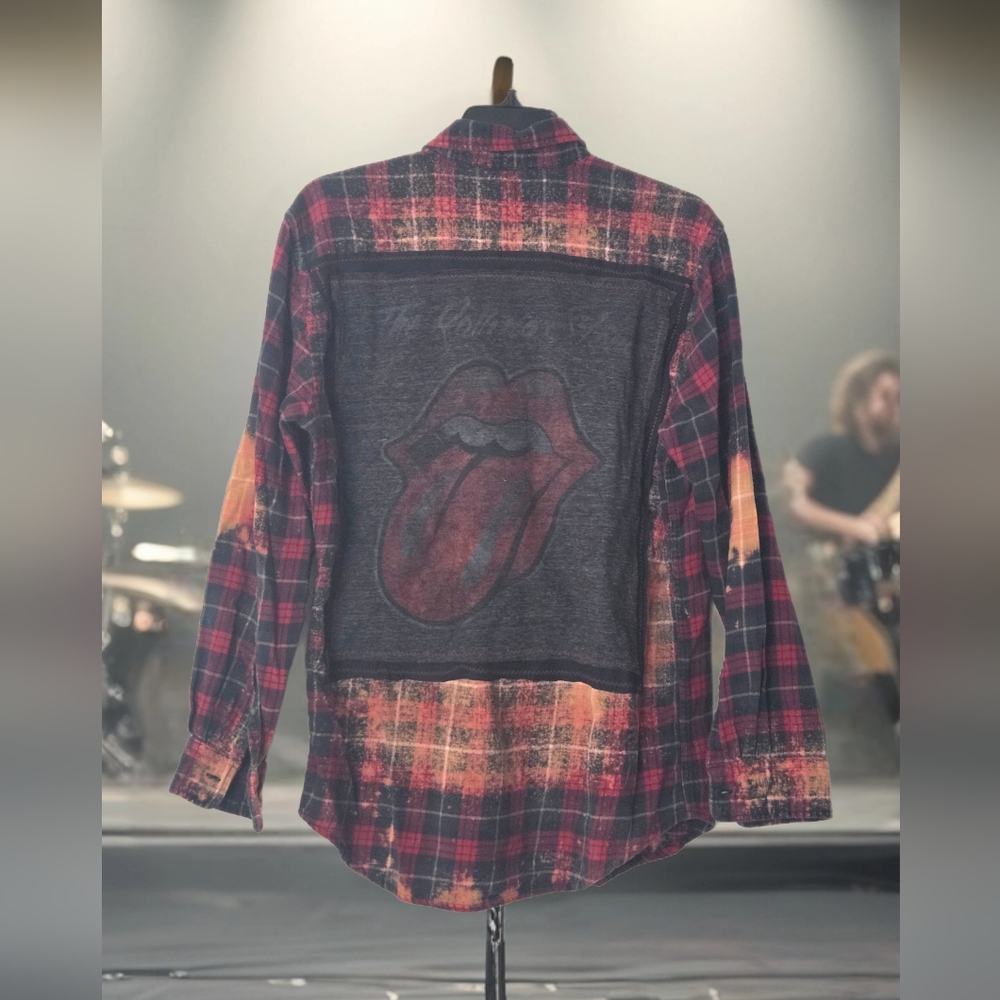 Upcycled ROLLING STONES faded Distressed Graphic Flannel Shirt